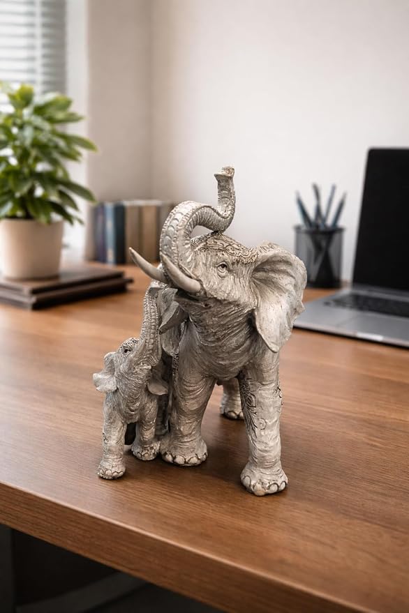 Large 8.25" W Decorative White Elephant and Baby with Tattoo Statue Feng Shui Decoration Religious Figurine Office Desk/Home/Living Room/Table Decor, Perfect House Warming Gifts for New Home