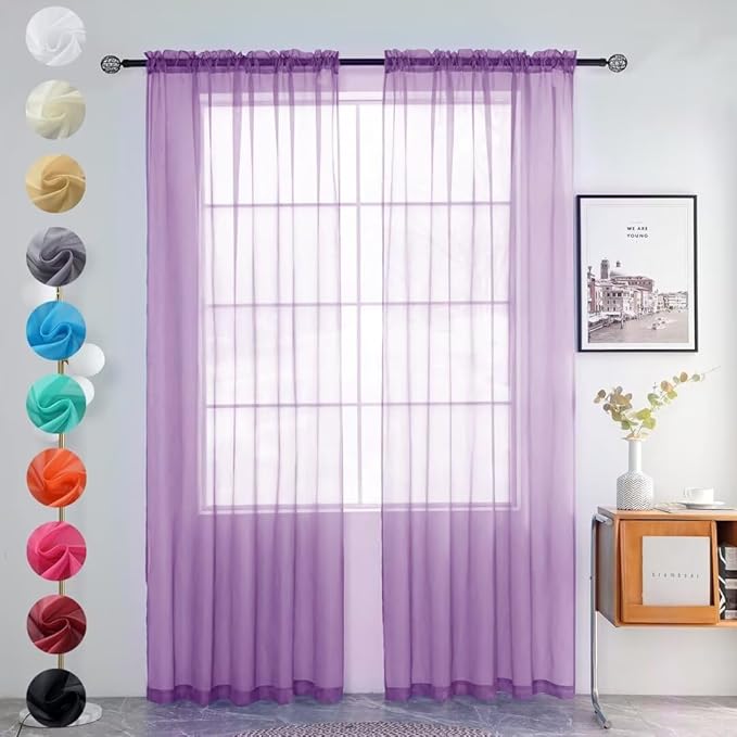 youleyar Solid Sheer Rod Pocket Curtain Voile Draperies 2 Panels White Beige Black Grey Coffee 52 Inch Width 84 Inch Long 1 Pair for Kitchen Bedroom Children Living Room Yard (Lavender,52Wｘ84L)