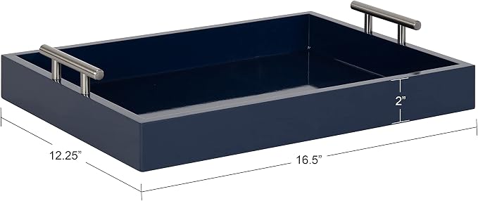Kate and Laurel Lipton Modern Rectangular Tray, 16 x 12.25, Navy Blue and Silver, Decorative Accent Tray for Storage and Display
