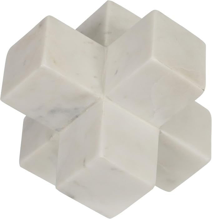 Geometric Cube Decorative Object – Marble Sculpture Modern Home Decor Ornament – Shelf Styling & Coffee Table Decor for Bathroom, Office & Living Room – 6.5", White