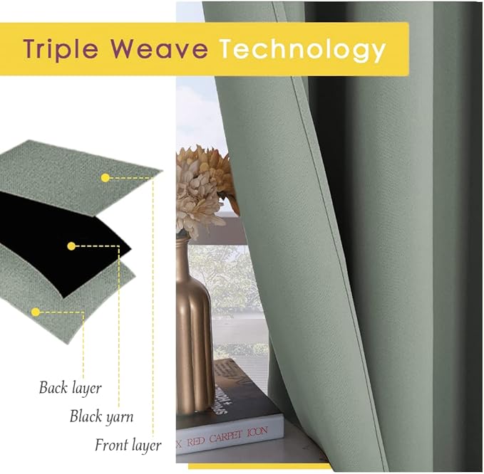 NICETOWN Sage Green Blackout Curtains Panels for Bedroom, 2 Panels, 52 x 92 Inch, 3 Pass Microfiber Noise Reducing Thermal Insulated Solid Ring Top Blackout Window Drapes