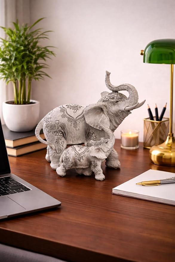 Large 8.25" W Decorative White Elephant and Baby with Tattoo Statue Feng Shui Decoration Religious Figurine Office Desk/Home/Living Room/Table Decor, Perfect House Warming Gifts for New Home