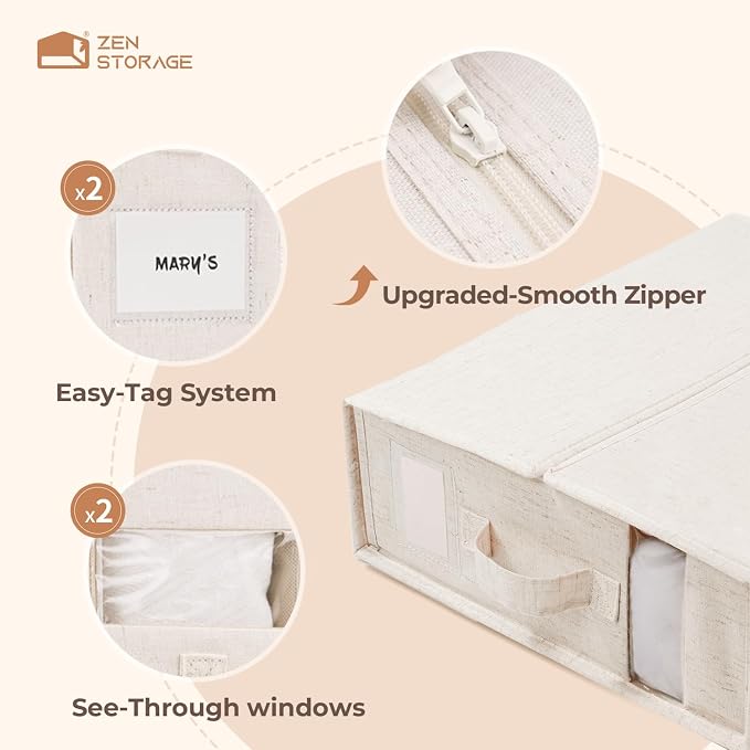 Cotton Linen Sheet Organizers and Storage, 4Pack Off-White | Undyed Natural Cotton Linen Fabric, Fits King and Queen Sheet Sets, Clear Window with Label Slot, Sturdy Foldable Organizer
