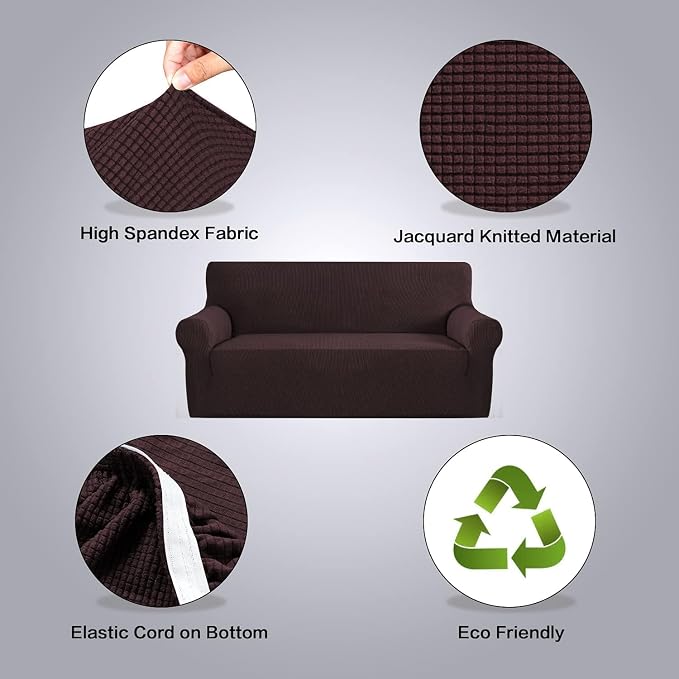 H.VERSAILTEX Stretch Couch Covers for Sofa 1 Piece Slipcovers for Couches and Sofas 3 Seater Couch Cover Feature Thick Checked Jacquard Fabric with Elastic Bottom(Large Sofa 90"-100" Wide, Chocolate)