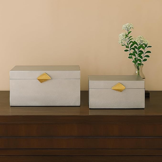 Vintiquewise Set of 2 Decorative Wooden Storage Boxes with Gold Accent – Boxes for Keys, Jewelry, Makeup, Accessories, Crafts, Gadgets, Home Office, Living Room, Bedroom & Entryway Décor, Silver