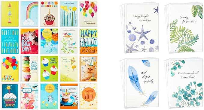 Hallmark Birthday Cards Assortment, 20 Cards with Envelopes & Sympathy Cards Assortment, Watercolor Nature (12 Assorted Thinking of You Cards with Envelopes)