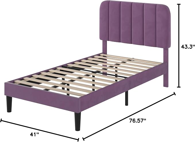 VECELO Twin Size Bed Frame with Upholstered Headboard, Velvet Platform Bedframe Mattress Foundation, Strong Wood Slat Support, No Box Spring Needed,Purple