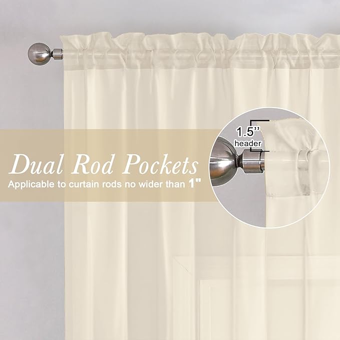 Lecloud Cream Sheer Curtains 54 Inch Length 2 Panels, Voile Airy Curtains - Image 2