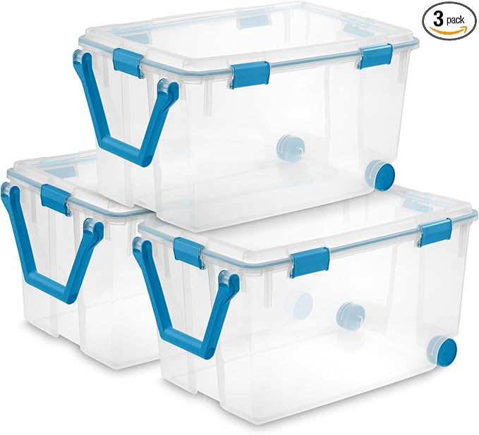Sterilite Gasket Storage Box with Lids for Home & Office, 120 Quart, 3-Pack | Heavy-Duty, Stackable, and Organizing Containers for Bathroom, Cabinet, Closet, and Garage, Clear and Blue Aquarium Latches