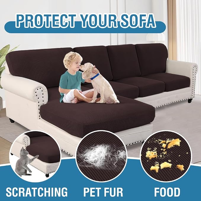 H.VERSAILTEX Sectional Couch Covers 8 Pieces Stretch Sofa Covers for Sectional Sofa Set Separate L Shaped Couch Cover for Both Left/Right Couch (Seat and Back: 1 Chaise + 3 Sofa, Chocolate)