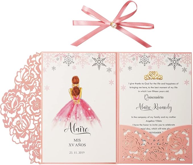 50PCS Pink Blank Quinceanera Invitation Cards with Envelopes 5x7.3 Inch Laser Cut Hollow Rose Pocket with Ribbon invitations for Quincenera Birthday Invite