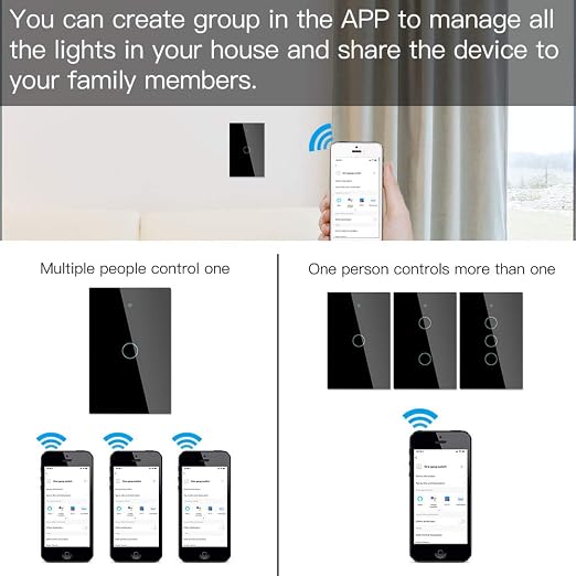 MOES Touch Wall Single Live Wire Smart Switch，No Neutral Wire Needed, 2.4GHz WiFi RF433 Light Switch Works with Smart Life/Tuya App, Alexa and Google Home, Single Pole 110V, Black 1 Gang