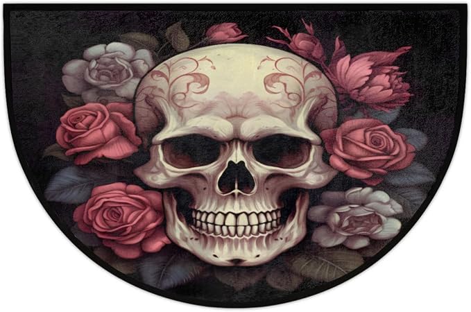 Flower Skull Half Round Door Mat Welcome Entrance Mat Bath Bathroom Rug | Flower Skull Welcome Entrance Mat Anti-Slip Half Moon Bath Mat Semi Circle Rug Indoor Outdoor Kitchen Rug