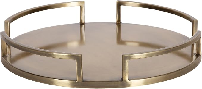 Kate and Laurel Gohana Round Tray with Metal Handles; 16 Inch Diameter; Antique Brass; Modern Glam Serving Tray with Handles for Use as Ottoman Topper or Living Room Decor