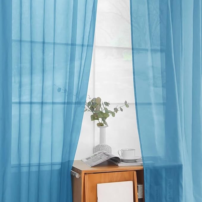 youleyar Solid Sheer Rod Pocket Curtain Voile Draperies 2 Panels White Beige Black Grey Ivory 52 Inch Width 45 Inch Long 1 Pair for Kitchen Bedroom Children Living Room Yard (Blue,52Wｘ45L)