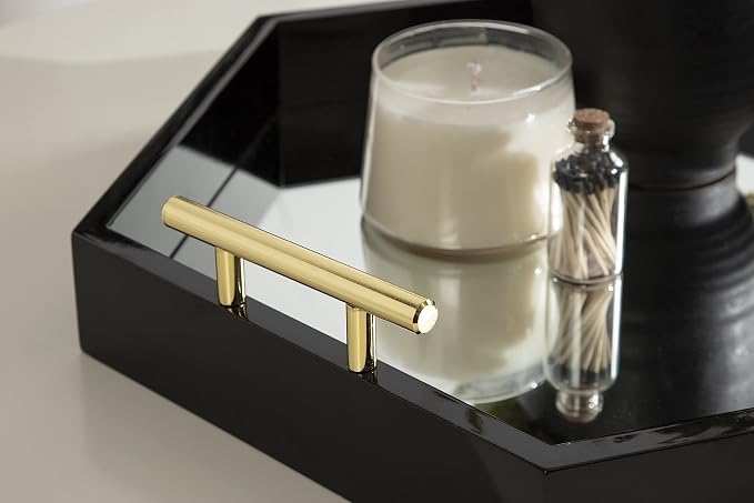 Kate and Laurel Lipton Modern Hexagon Mirrored Tray; 18 x 18; Black and Gold; Midcentury Decorative Serving Tray for Storage and Display