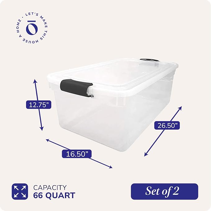 HOMZ Multipurpose 66 Quart Clear Storage Container Tote Bins with Secure Latching Lids for Home or Office Organization, (2 Pack) | Large Stackable Container Boxes for Homes, Bathrooms, Garages, and Office Organization