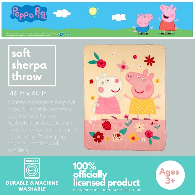 Peppa Pig Kids Bedding Soft Plush Sherpa Blanket Throw, 46 in x 60 in, (Officially Licensed Product) by Franco