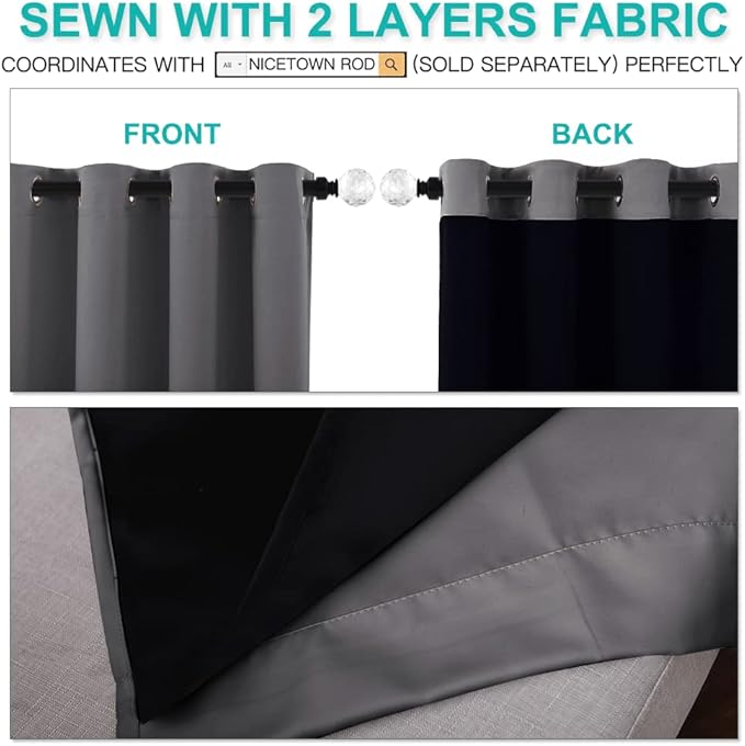 NICETOWN 100% Blackout Curtains with Black Liners, Thermal Insulated Full Blackout 2-Layer Lined Drapes, Energy Efficiency Window Draperies for Bedroom (2 Panels, 42 inches W by 63 inches L, Grey)