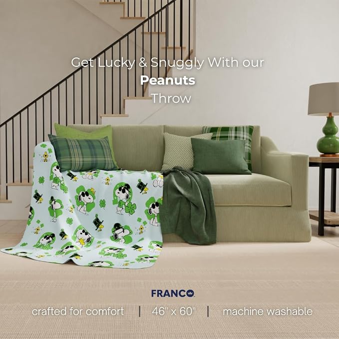 Peanuts® Snoopy Cozy Throw 46 in x 60 in, Soft Cozy Plush for Couch, Bed & Travel, Snoopy Joe Cool St. Patrick’s Day Design (Officially Licensed Product), Franco Collectibles®