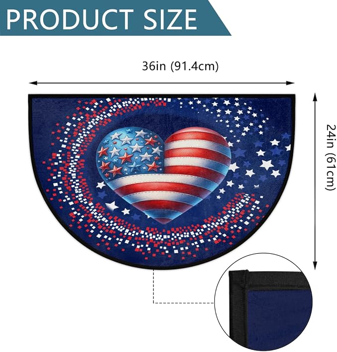 USA Flag Half Round Doormat Semi Circle Rug Half Moon Rug Entryway Mat | Heart Washable Non Slip Outdoor Floor Rug Kitchen Mat for Indoor Outdoor Bathroom Fireplace Bath Decor
