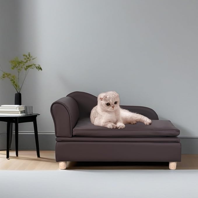 PU Leather Dog Sofa and Chair with Storage - Wooden Frame Cat Sofa Couch with Cushion,Small Pet Bed Sofa for Puppy and Cats (Brown)