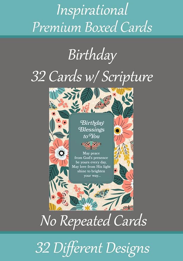 Birthday Cards ~ No Repeated Designs~ 32 Cards and Designs ~ Christian/Religious Greeting Card Assortment #1 ~ Scripture in every card ~ Envelopes Included