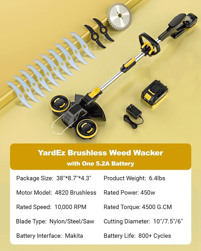Brushless Cordless Weed Wacker, 4820 Gear Brushless Motor 20V Battery Powered Weed Eater, 3-in-1 Trimmer/Edger/Lawn Mower (5.2A Battery)
