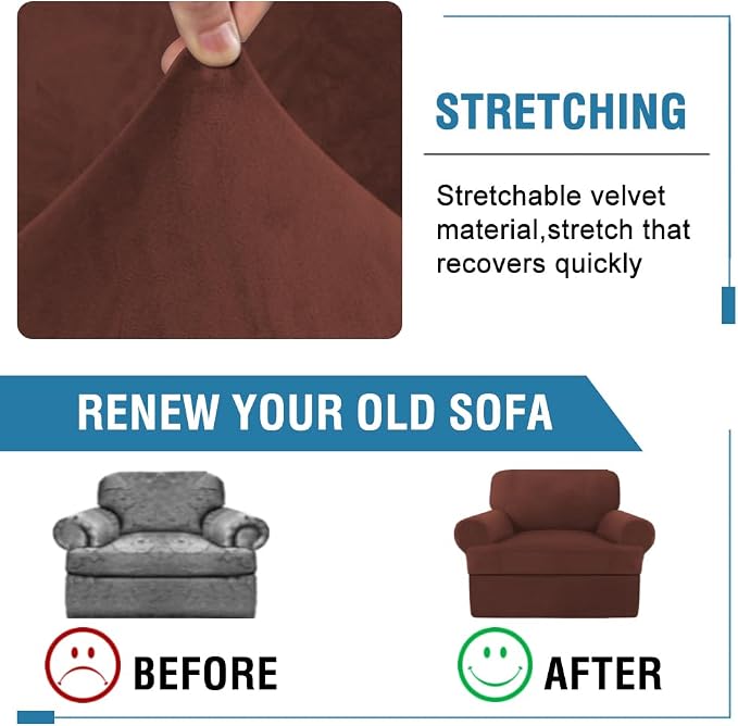 H.VERSAILTEX Sofa Cover 2 Piece T Cushion Armchair Slipcovers Thick Velvet Couch Cover Stretch T Cushion Sofa Covers for 1 Cushion Couch with 1 Individual T Cushion Covers, Burnt Brick