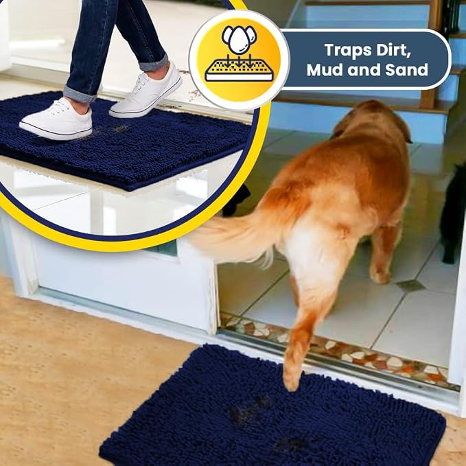 Muddy Mat® | Super Water Absorbent Door Mat Indoor, Microfiber Quick Dry Chenille Entryway Rug, Slip Resistant Front Door Mat, Indoor Mats for Entryway, Machine Washable Pet Rug, Navy Blue 3ft x 3ft