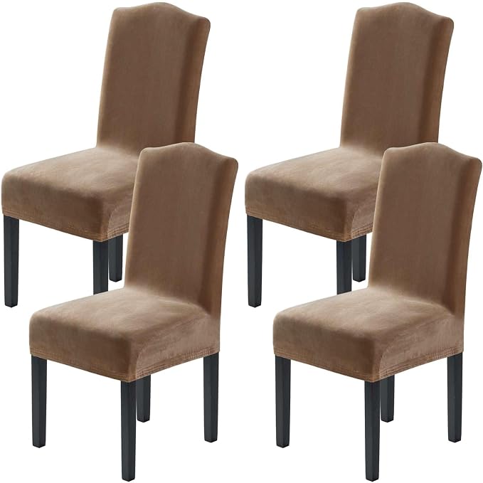 H.VERSAILTEX Velvet Dining Chair Covers Stretch Chair Covers for Dining Room Set of 4 Parson Chair Slipcovers Chair Protectors Covers Dining, Soft Thick Solid Velvet Fabric Washable, Camel