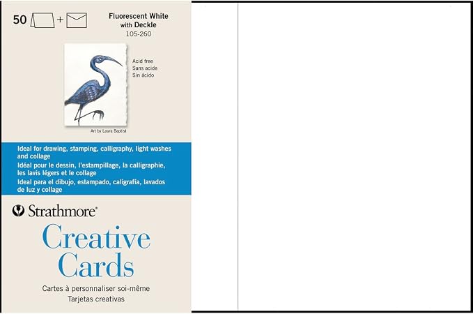 Strathmore Creative Cards with Envelopes, 80 lb. Smooth Surface, 5 X 6.875 inches, Fluorescent White/Deckle, Package of 50 (105-260)