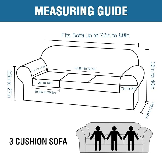 H.VERSAILTEX 4 Piece Stretch Sofa Covers for 3 Cushion Couch Covers for Living Room Furniture Slipcovers (Base Cover Plus 3 Seat Cushion Covers) Upgraded Thicker Jacquard Fabric (Sofa, Dusty Blue)