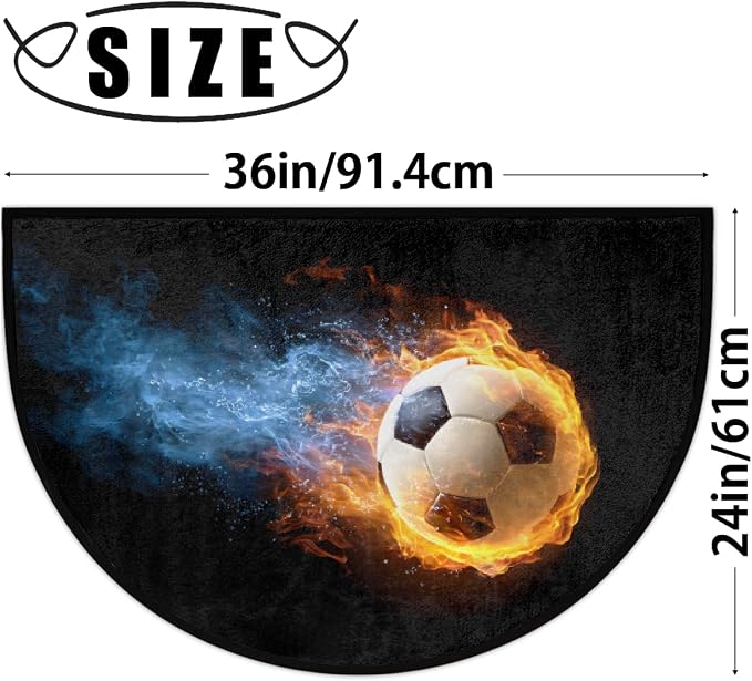 Soccer Half Round Doormat Non-Slip Semi Circle Rug Half Moon Mat | Black Flame Washable Soft Absorbent Indoor Outdoor Entrance Kitchen Bathroom Sink Patio Welcome Fireplace Floor Rug