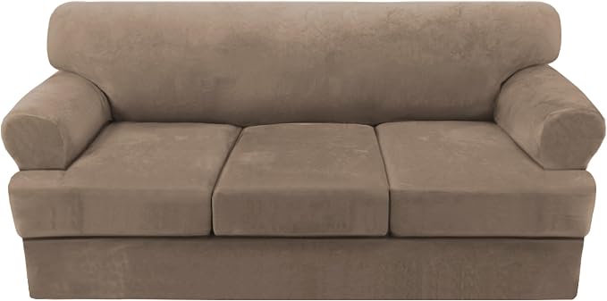 Sofa Cover 4 Piece T Cushion Sofa Slipcovers Thick Velvet Couch Cover Furniture Protector Stretch Sofa Covers for 3 Cushion Couch with 3 Individual T Cushion Covers Washable, Camel