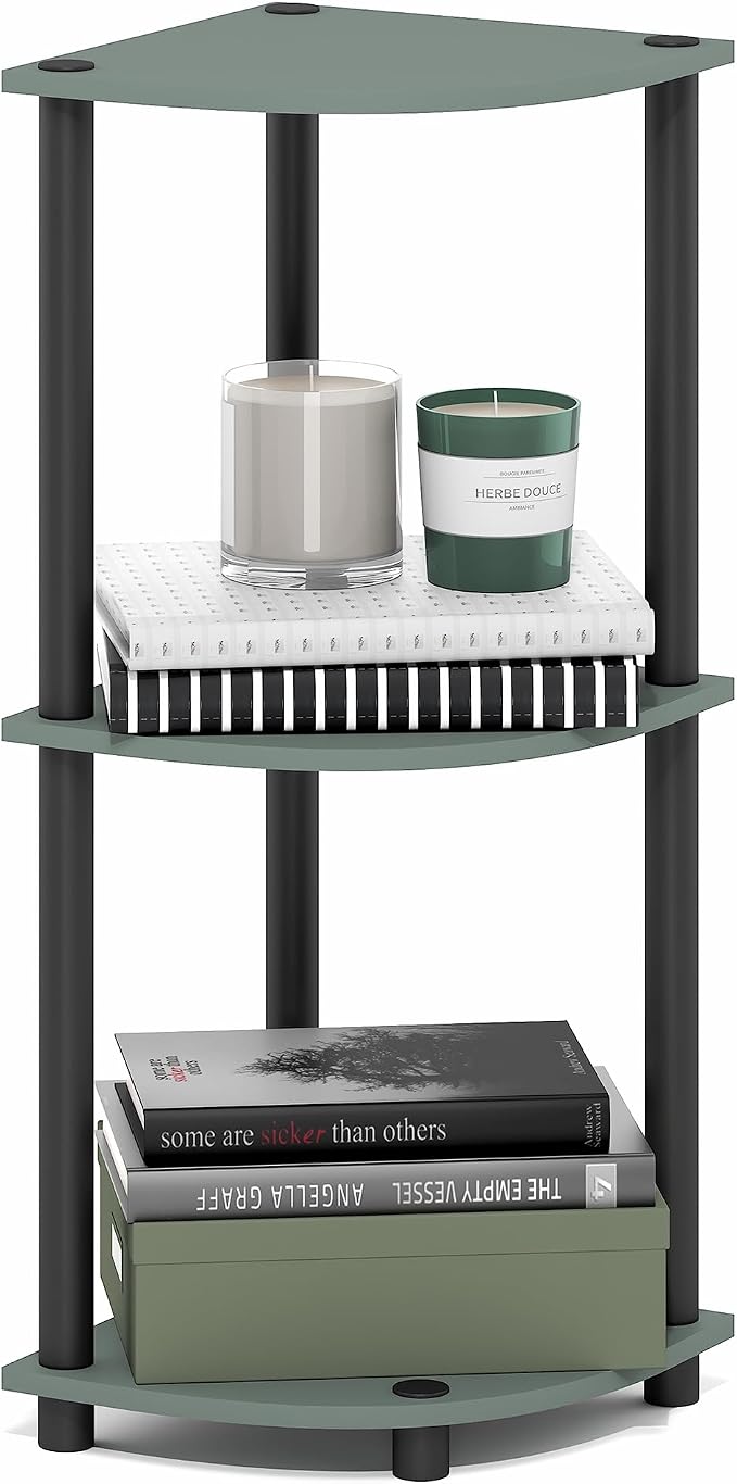 Furinno Turn-N-Tube Corner Shelf, 3-Tier Corner Bookshelf, Display Storage Shelves with Open Shelves, for Organization and Storage, Living Room, Home Office, Garage, Sage Green