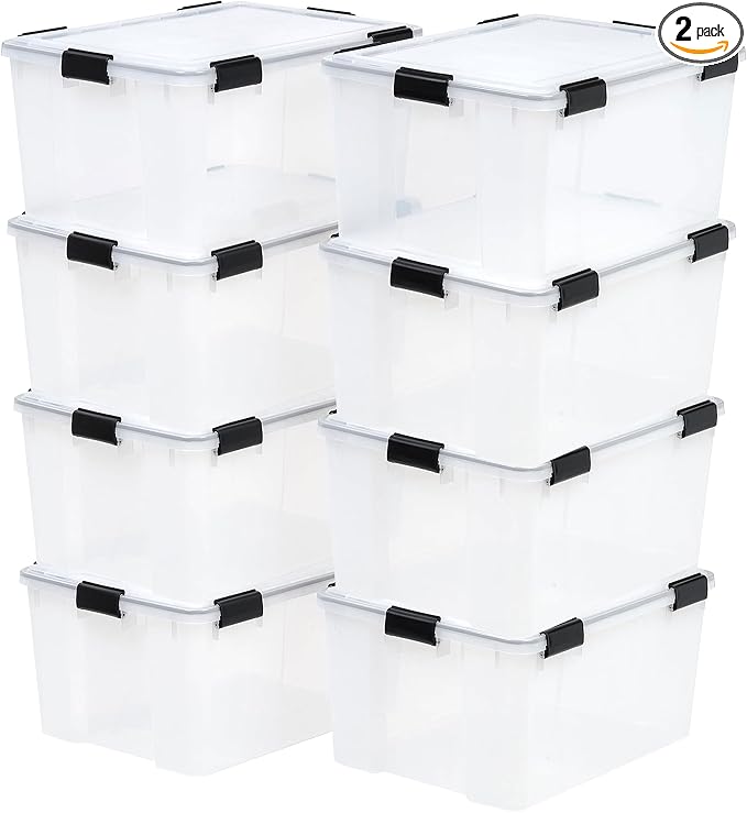 IRIS USA 8 Pack WeatherPro 62.8 Quart Stackable Storage Tote Bins, Plastic Gasket Box with Tight Latching Lids and Seal, Clear/Black