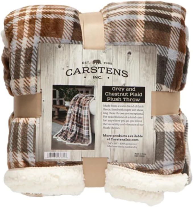 Carstens, Inc. Ultra Premium Super Soft Plush Sherpa Fleece Oversized Throw Blanket 54" x 68", Gray Chestnut Plaid
