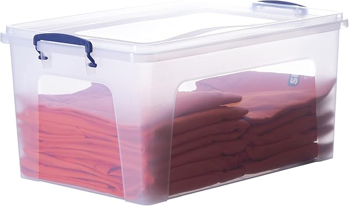 Superio Clear Plastic Storage Bin with Lid, 28 Quart Organizing Container, Latch Box, Stackable Plastic Tote for Household, Garage, School, and Office- Store Shoes, Clothing, Crafts, and Accessories