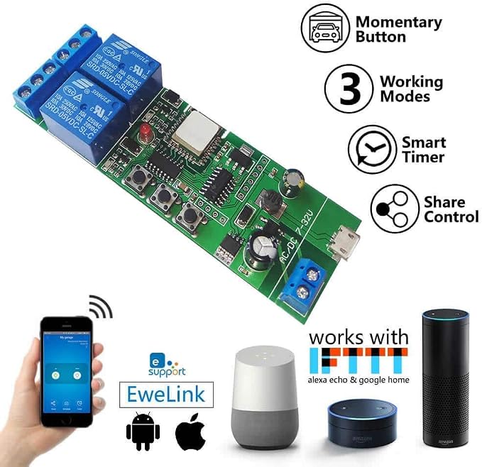 Wireless Jog Relay momentary/self-Locking Switch Module DIY Smart Home Remote Control WiFi Relay Switch Ewelink App Compatible with Alexa Echo Google Home IFTTT (DC2)