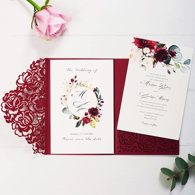 50PCS Burgundy Customized Wedding Invitation with Envelopes Laser Cut Hollow Flora Pocket with Ribbon Invitations for Wedding Engagement Quincenera Invites