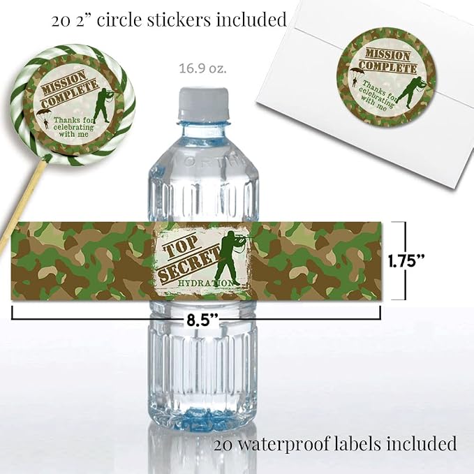 Amanda Creation Top Secret Camouflage Army Soldier Birthday Party Bundle Includes 20 Invitations & Thank You Cards & Envelopes + 2 Sizes of Stickers, & Water Bottle Labels!