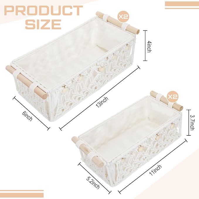 Vesici 4 Pcs Boho Macrame Storage Basket for Shelves 13" 11" Neutral White Storage Basket Hand Woven Box with Wood Handles Beads Decorative Countertop Toilet Cabinet Organizer for Home Decor