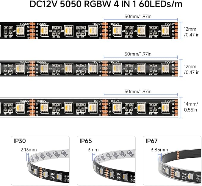 BTF-LIGHTING RGBW LED Strip Lights,UL Listed,5050 4 Colors in 1 RGB + 6000K-7000K Cool White,12V DC,16.4ft/5m 60LEDs/m 12mm Black PCB, IP30 for Home Decoration(No Adapter or Controller)
