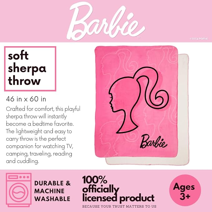 Barbie Kids Bedding Soft Plush Cozy Sherpa Blanket Throw, 46 in x 60 in, (Officially Licensed Product) by Franco