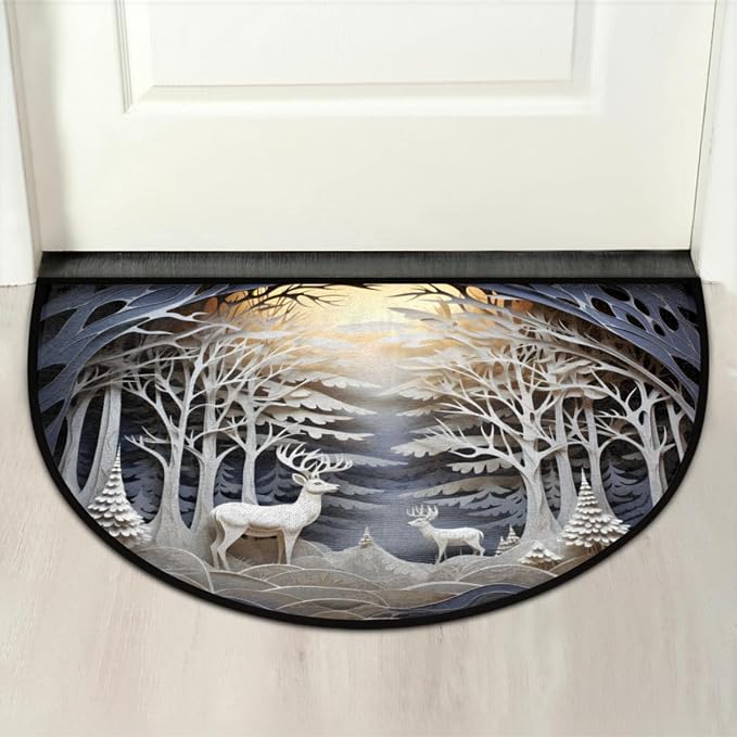 cfpolar Christmas Winter Scene Reindeer Half Round Door Mat Indoor Entrance Half Circle Area Rug Semi Circular Door Mat Half Moon Rug for Floor Bathroom Living Room Bedroom Kitchen Fireplace 24"x36"