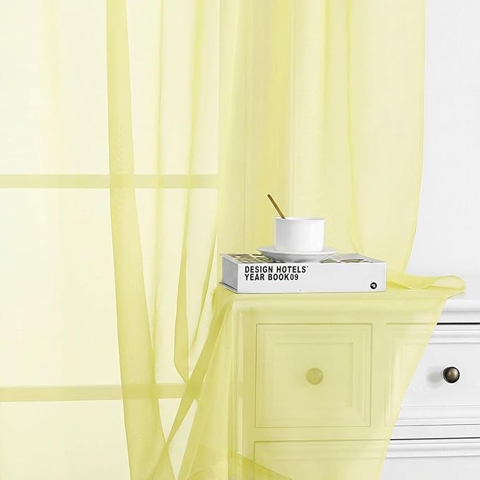 Chyhomenyc Sheer Curtains 54 Inch Long 2 Panels Set - Light Filtering Short Soft Airy Short Cafe Curtains, Modern Rod Pocket for Dinning Living Room Bedroom, 42Wx54L Inch, Light Yellow