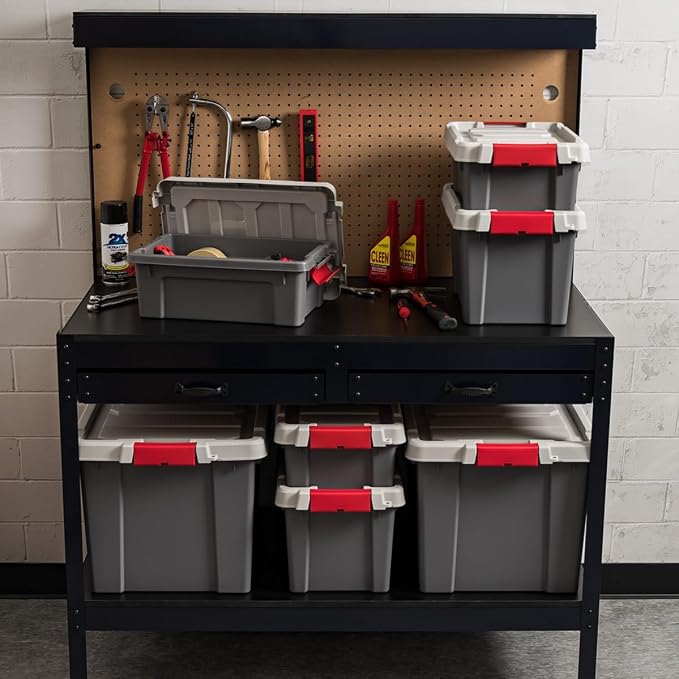 IRIS USA 6-Pack 5 Gal Heavy Duty Lockable Storage Totes with lids, Gray | Built for tools, hardware, emergency supplies and small equipment, Stackable design keeps spaces organized