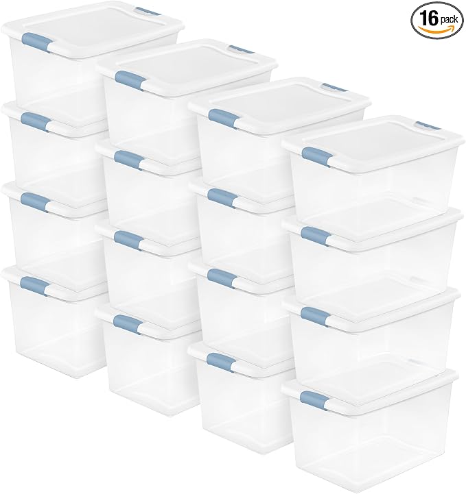 Sterilite Latching Box with Lids for Home and Office, 64 Quart, 16-Pack | Heavy-Duty and Stackable Plastic Containers with Latches for Closet, Cabinet, Bedroom, Bathroom and Dorm Room Organization