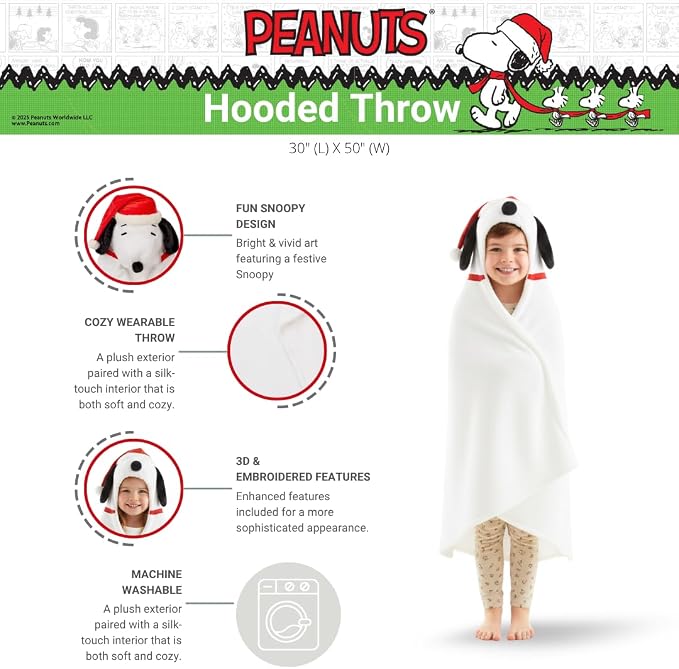 Peanuts Snoopy Santa Hat Hooded Throw - Kids Holiday Christmas Bedding Super Soft Throw Blanket - 30 in x 50 in, (Officially Licensed Product) by Franco